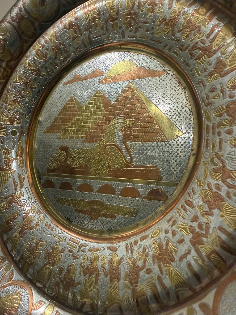 Handcrafted Egyptian Silver Gold Copper Decorative Home Art Plate